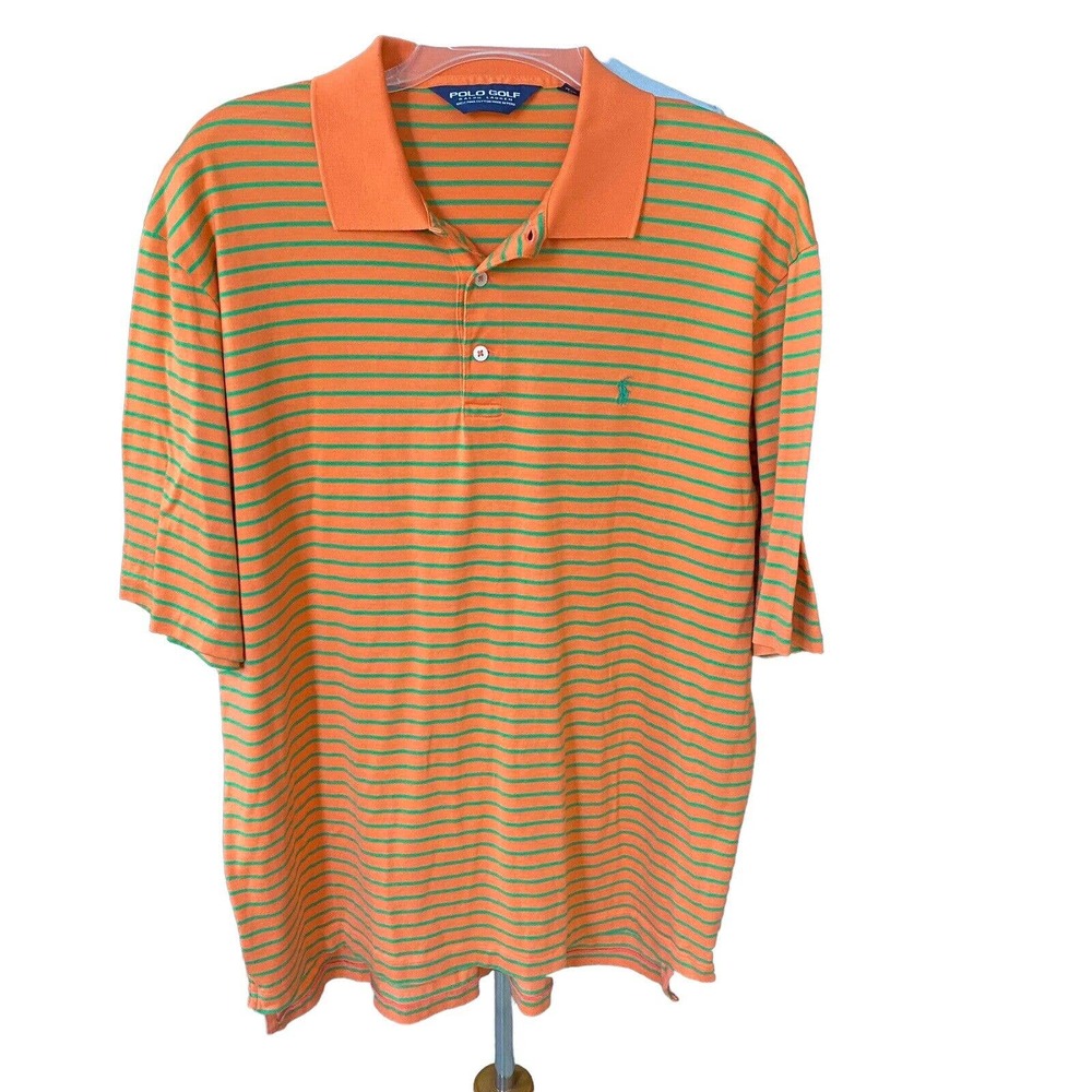 Polo Golf Ralph Lauren Pima Polo Shirt Mens L Large Orange Striped Short Sleeve